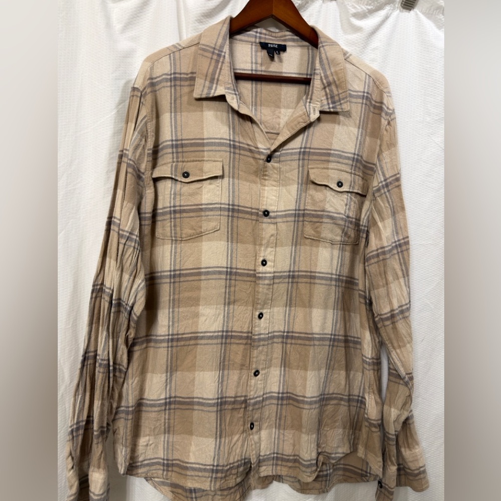 PAIGE Everett Men's Green/Tan Flannel Checkered Long Sleeves Shirt XXL EUC‎